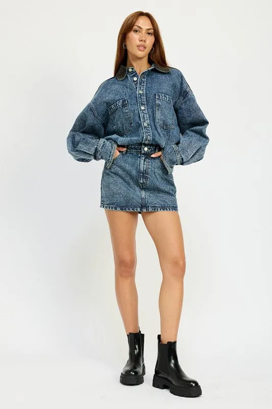 Edge Up Contrast Back Long Sleeve Denim Mini Dress