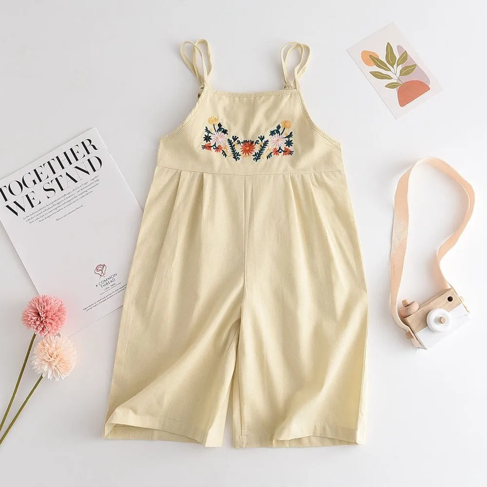 Floral Embroidered Sleeveless Kids Jumpsuit in Beige