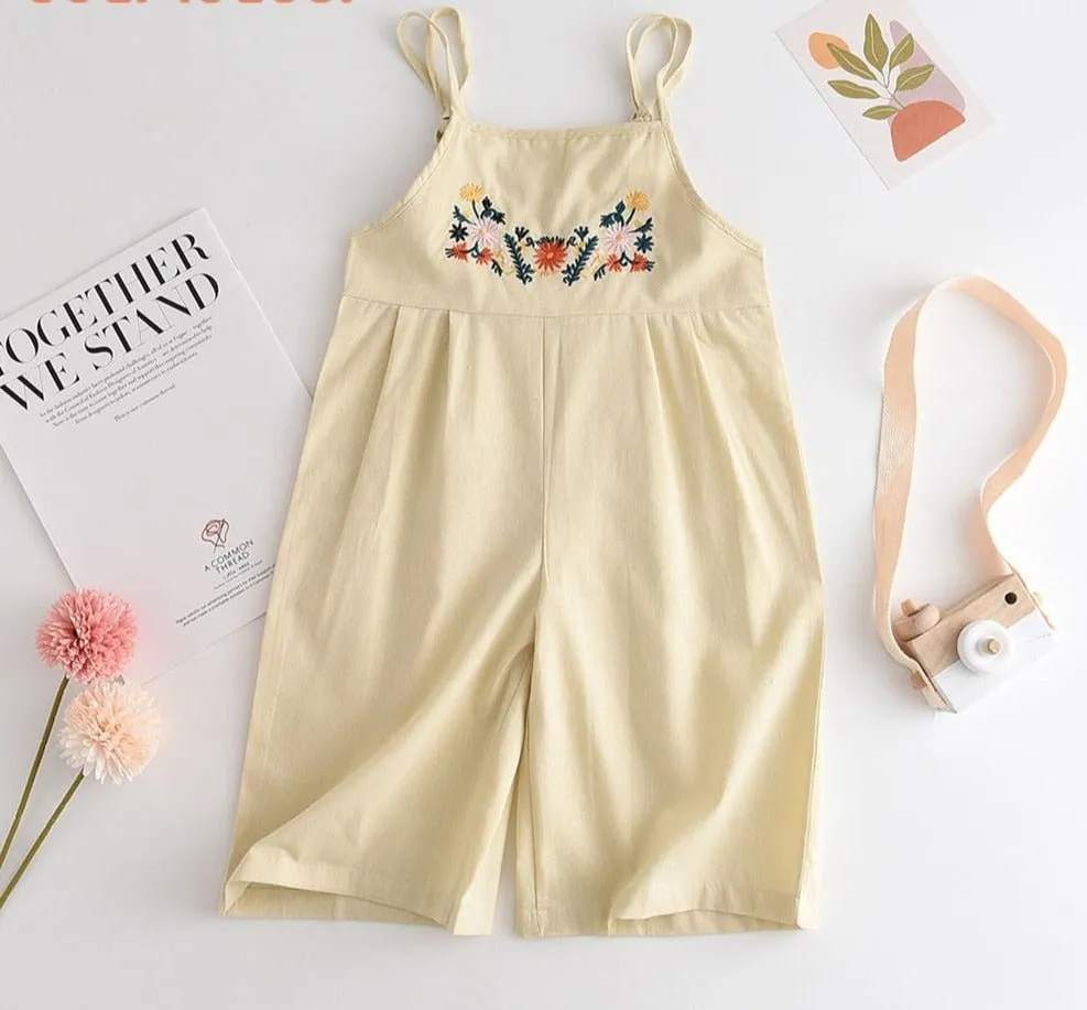 Floral Embroidered Sleeveless Kids Jumpsuit in Beige
