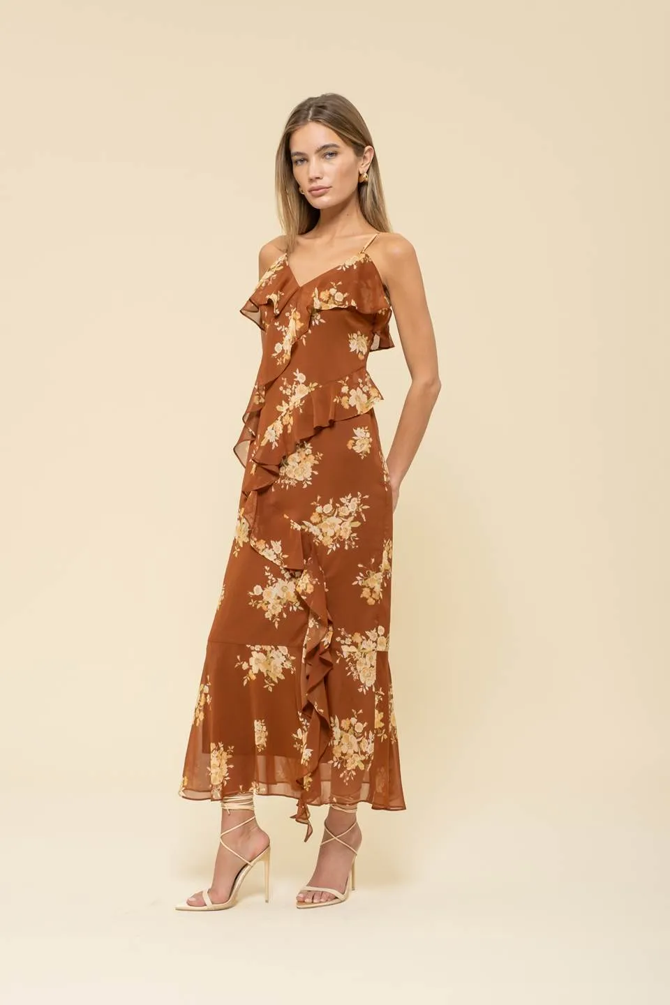 FLORAL PRINT RUFFLE WRAP SLEEVELESS MIDI DRESS