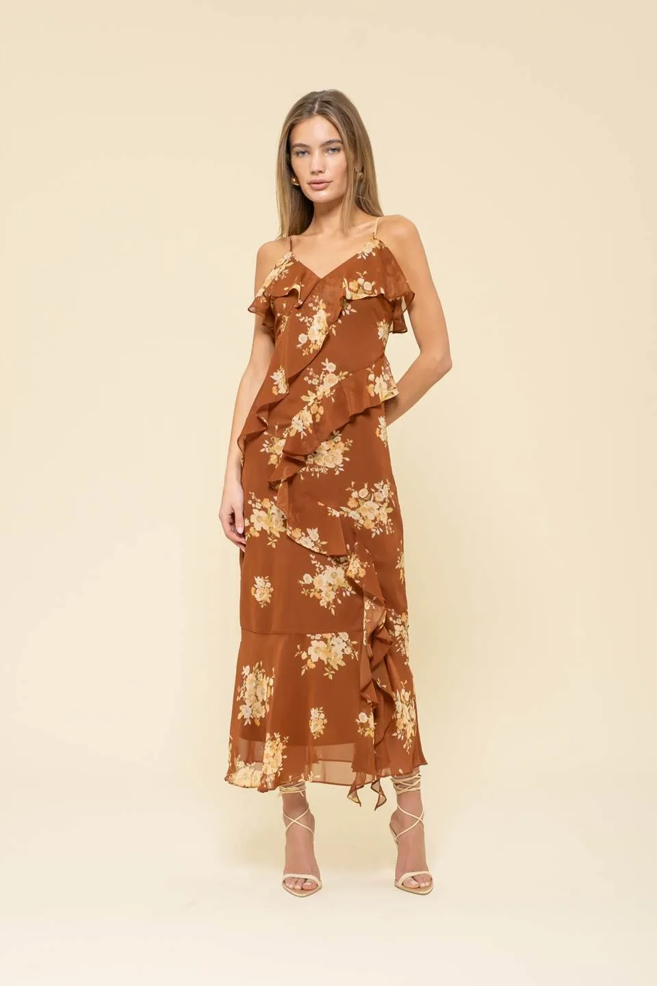FLORAL PRINT RUFFLE WRAP SLEEVELESS MIDI DRESS