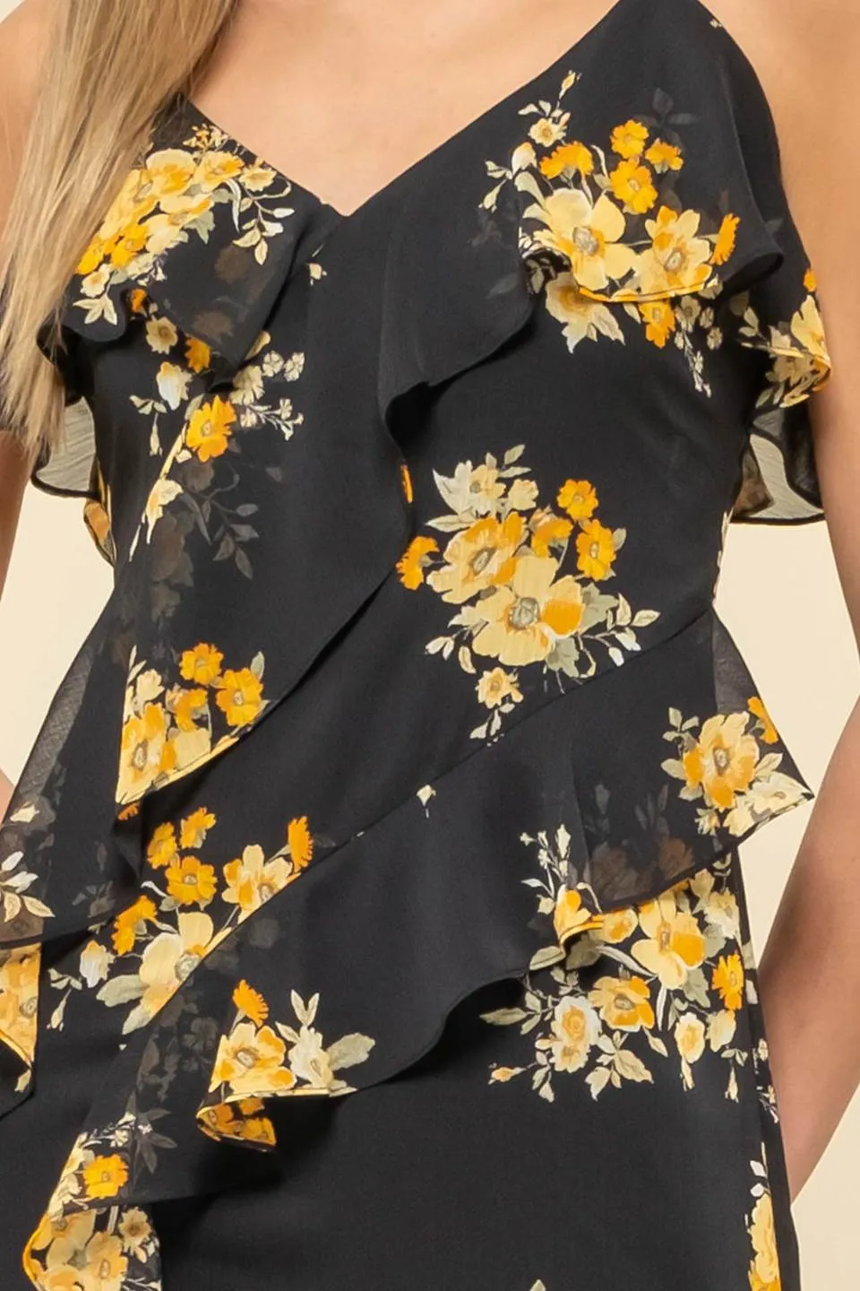 FLORAL PRINT RUFFLE WRAP SLEEVELESS MIDI DRESS