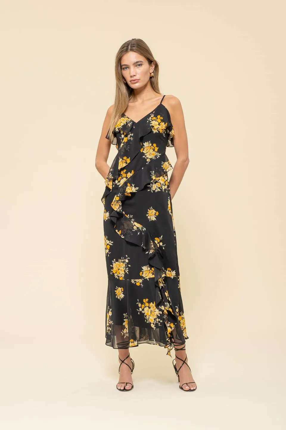 FLORAL PRINT RUFFLE WRAP SLEEVELESS MIDI DRESS