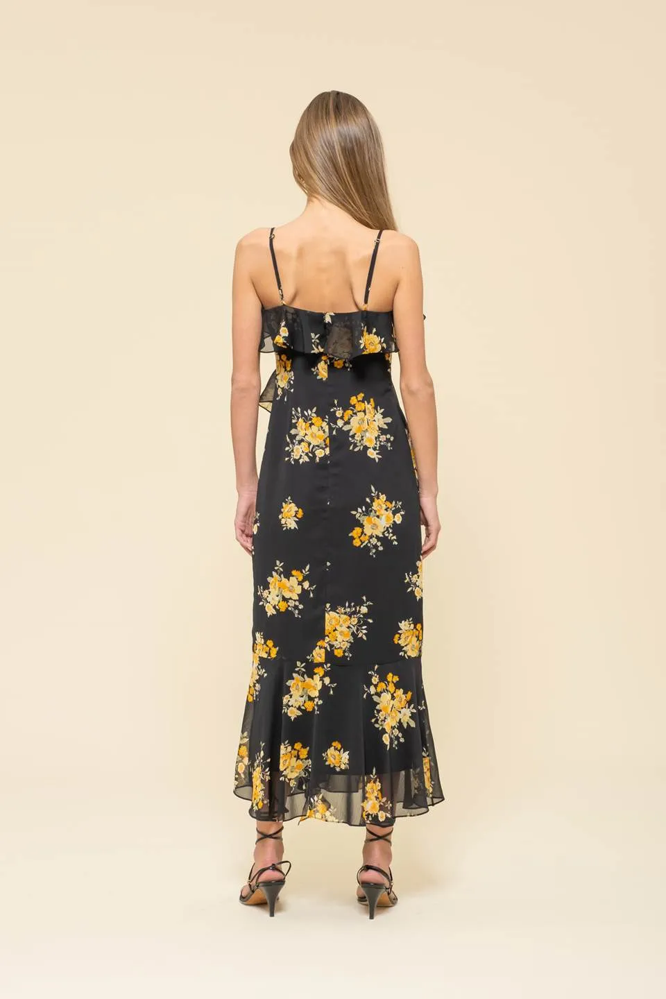 FLORAL PRINT RUFFLE WRAP SLEEVELESS MIDI DRESS