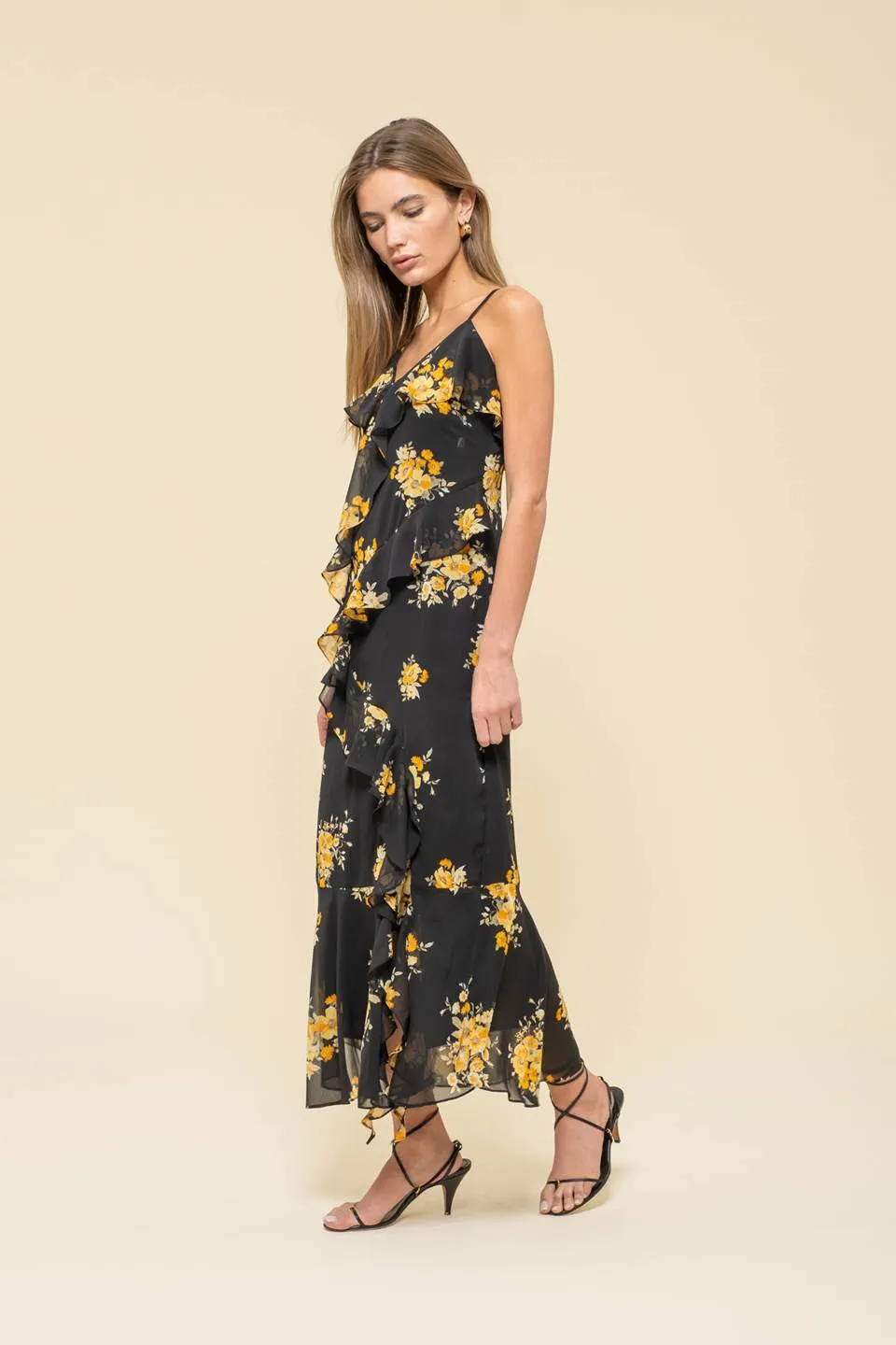FLORAL PRINT RUFFLE WRAP SLEEVELESS MIDI DRESS