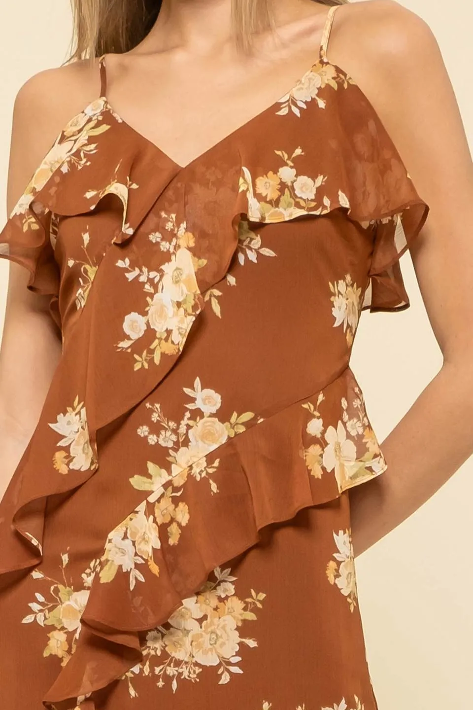 FLORAL PRINT RUFFLE WRAP SLEEVELESS MIDI DRESS