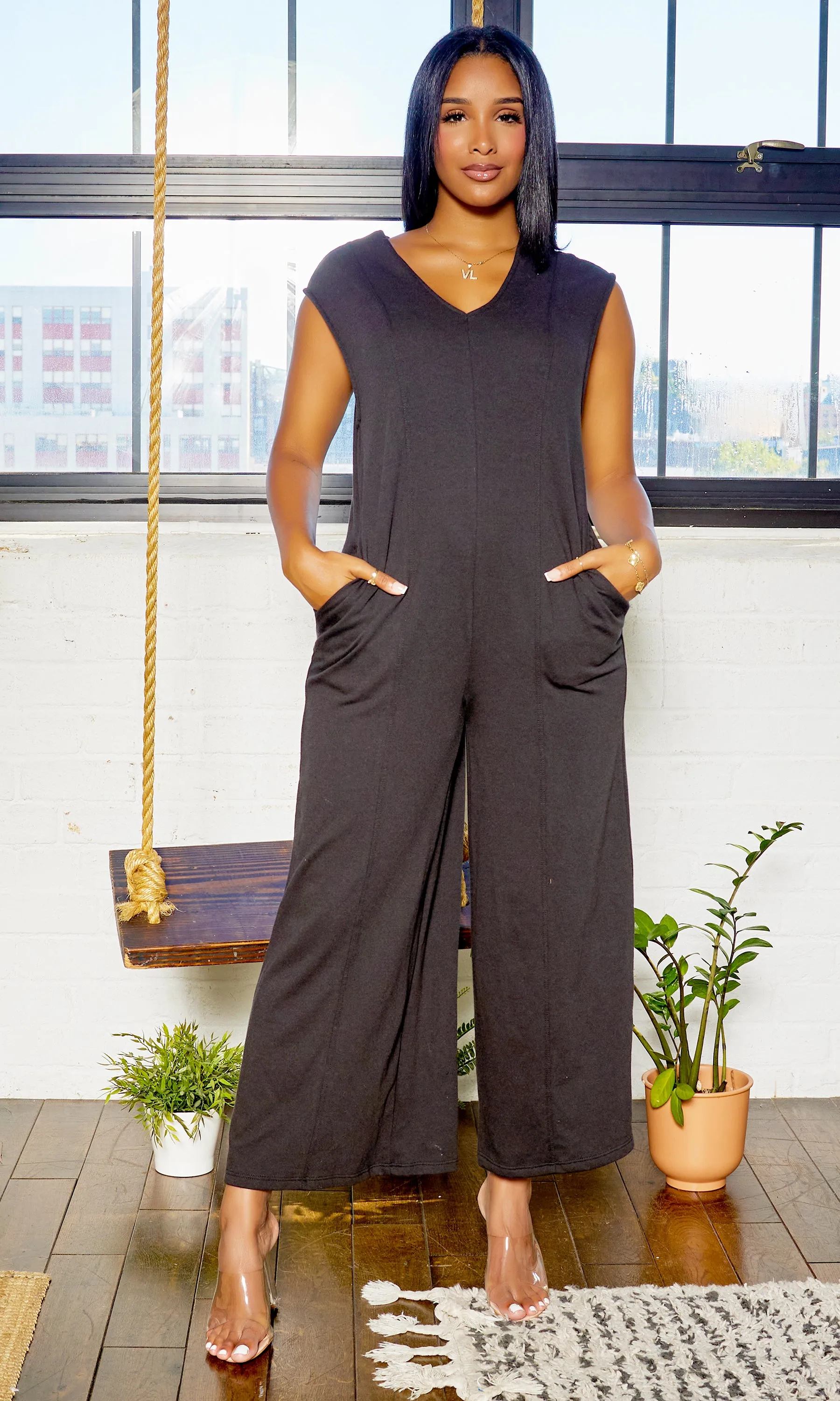 French Terry V Neck Wide Leg Jumpsuit - Black FINAL SALE