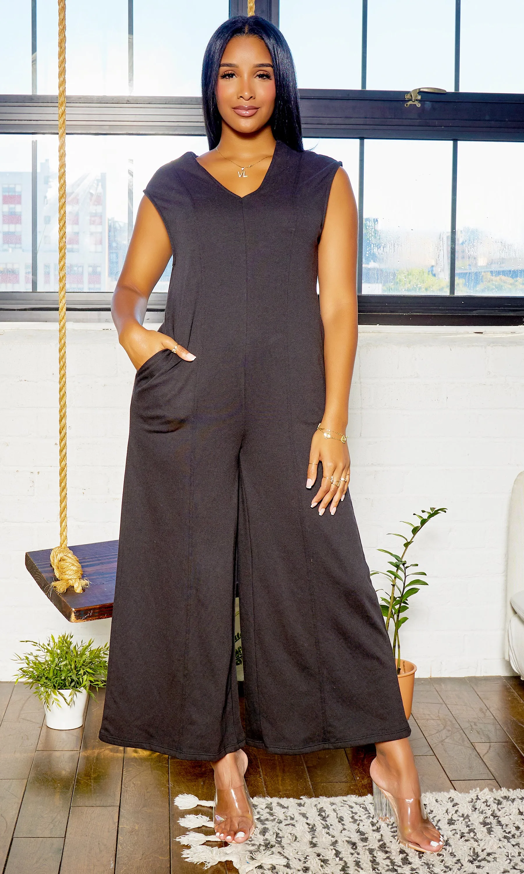 French Terry V Neck Wide Leg Jumpsuit - Black FINAL SALE