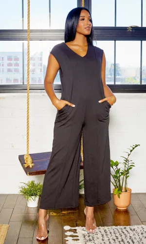 French Terry V Neck Wide Leg Jumpsuit - Black FINAL SALE