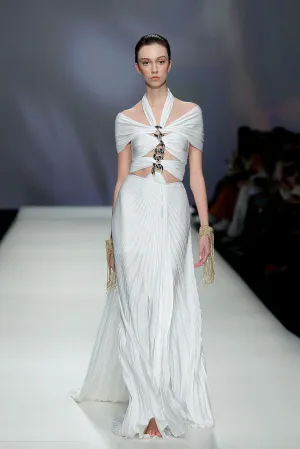 Halter Neck Pleated Dress with Cutouts
