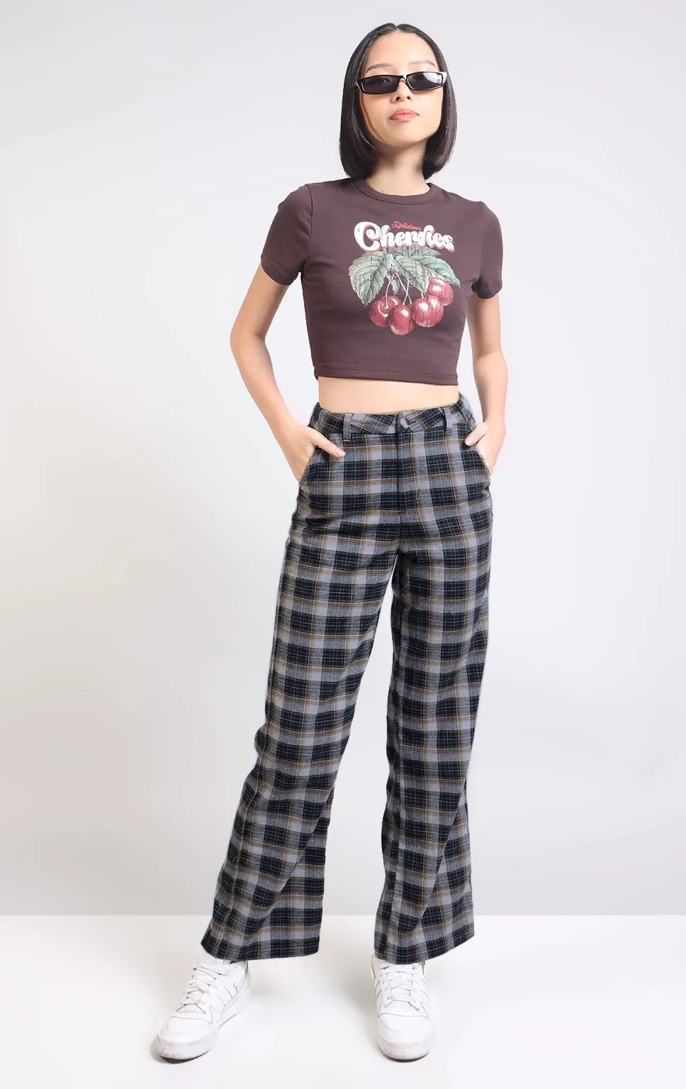 HIGH WAISTED CHECKERED WIDE LEG PANTS