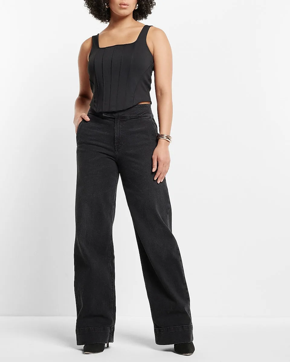 High Waisted Washed Black Tall Hem Wide Leg Jeans in Pitch Black