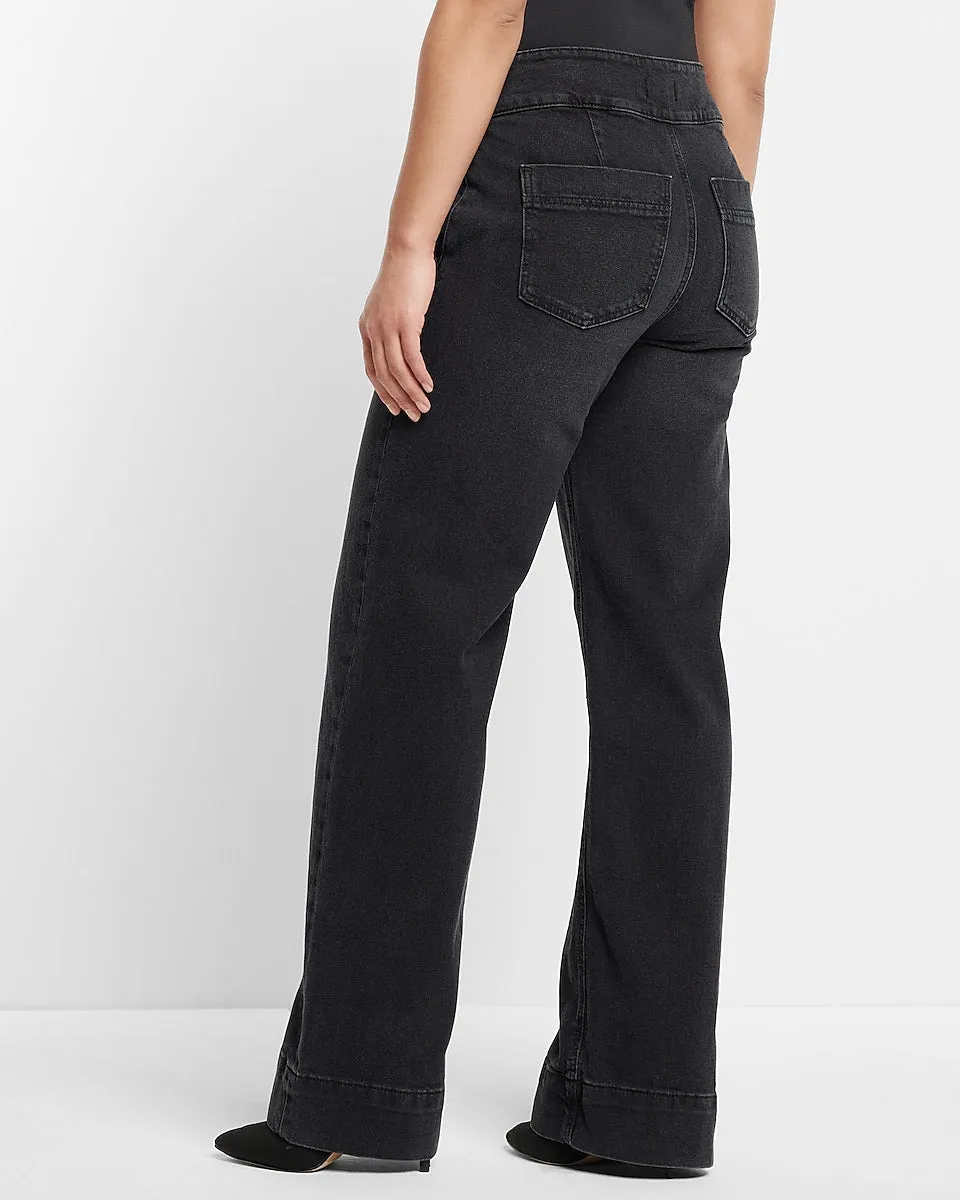 High Waisted Washed Black Tall Hem Wide Leg Jeans in Pitch Black