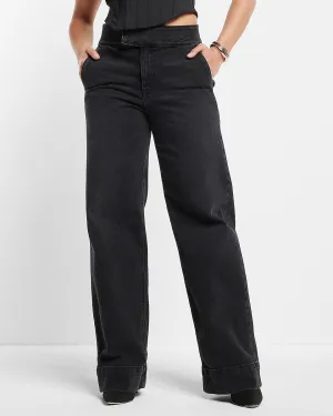 High Waisted Washed Black Tall Hem Wide Leg Jeans in Pitch Black