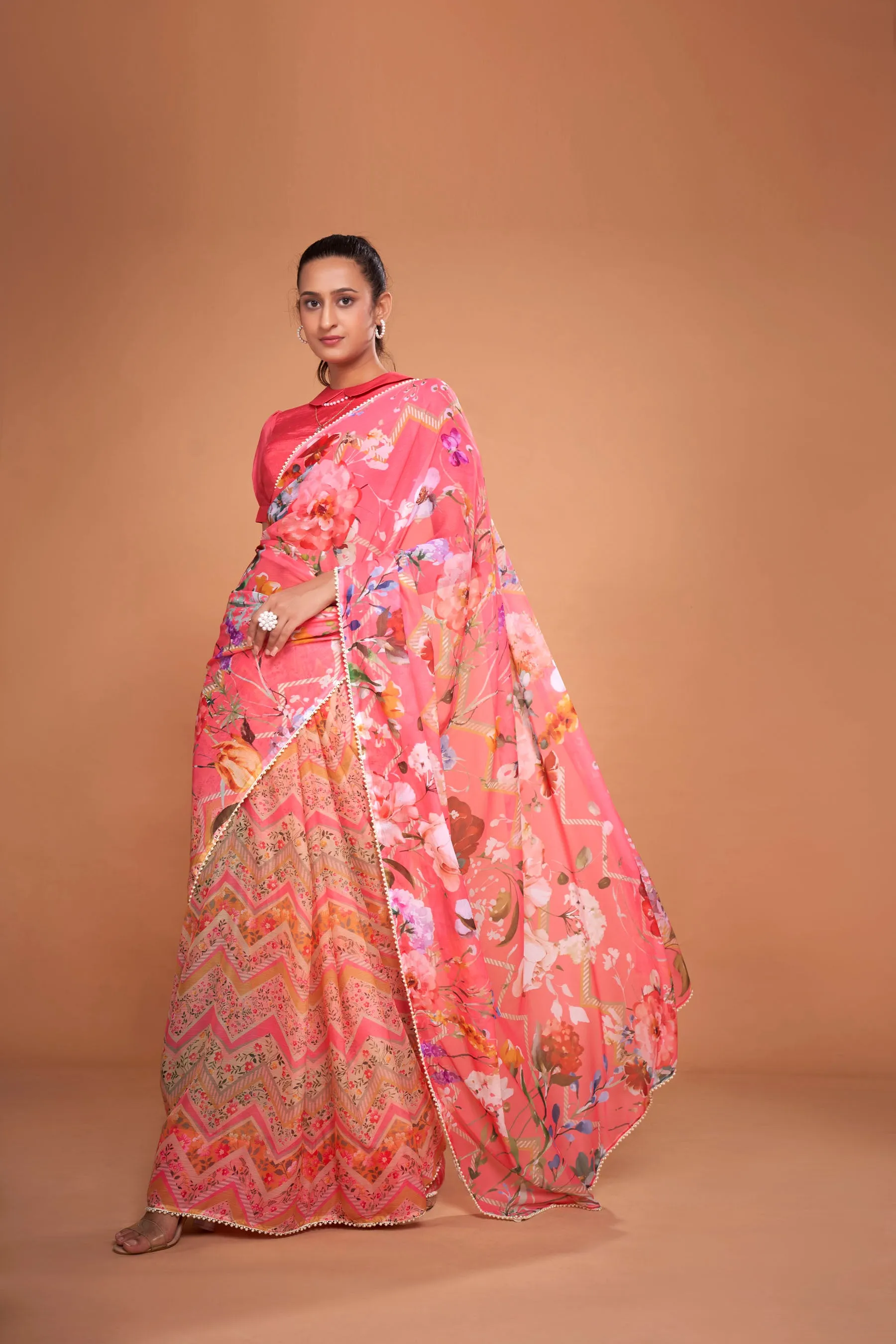 Hot Pink Floral Printed Chiffon Saree With Pearl Lace