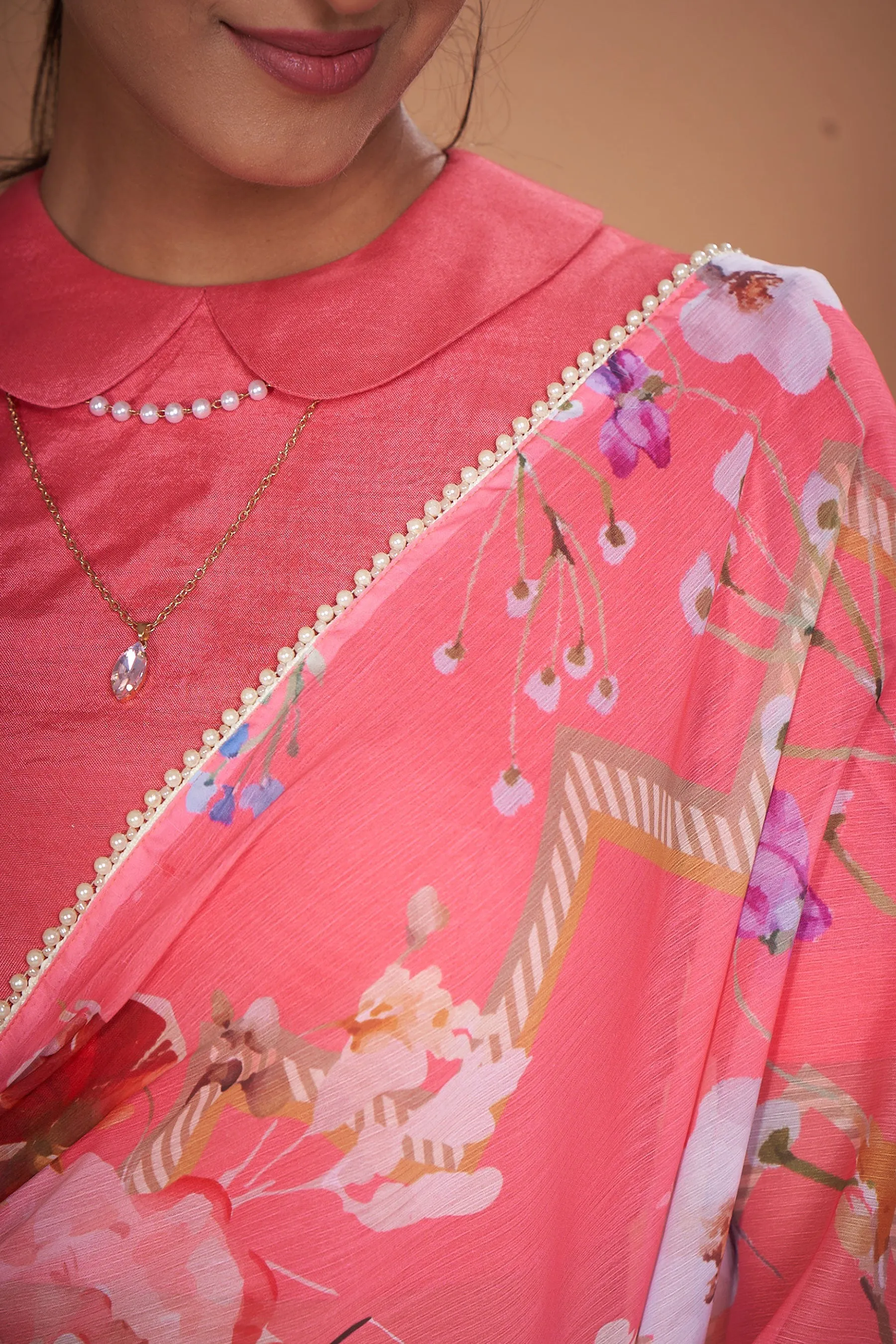 Hot Pink Floral Printed Chiffon Saree With Pearl Lace