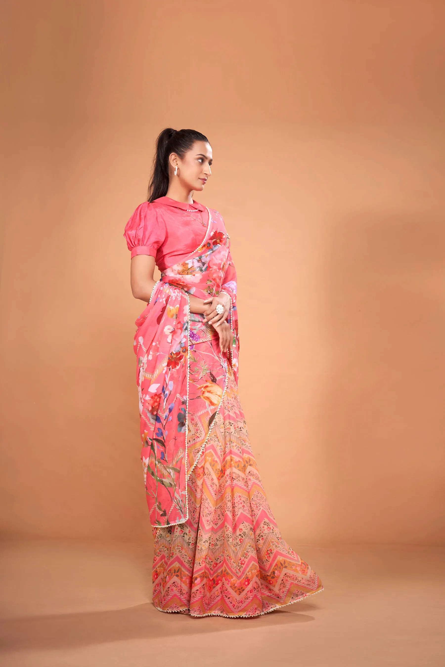 Hot Pink Floral Printed Chiffon Saree With Pearl Lace