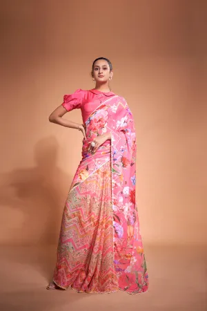 Hot Pink Floral Printed Chiffon Saree With Pearl Lace