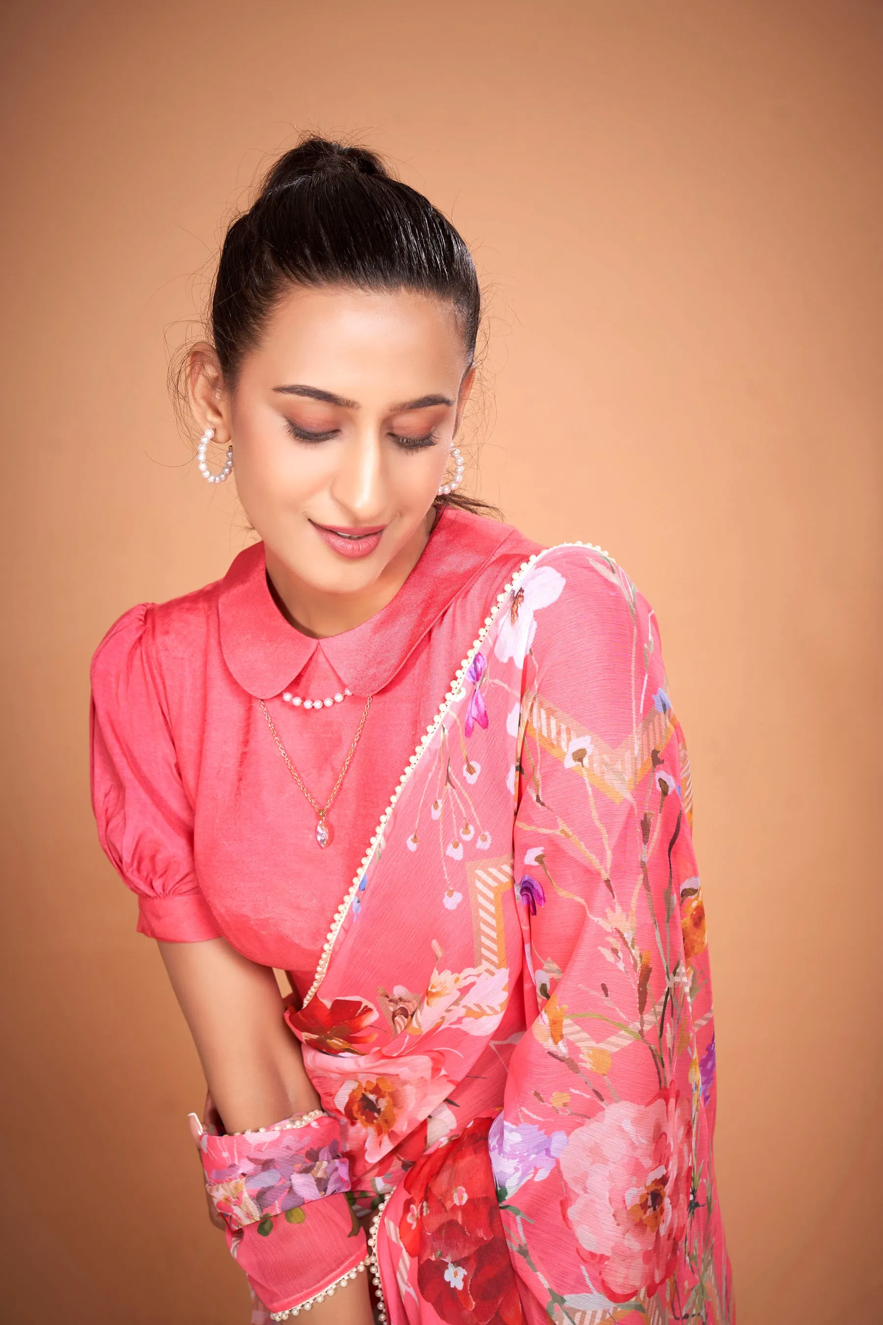 Hot Pink Floral Printed Chiffon Saree With Pearl Lace