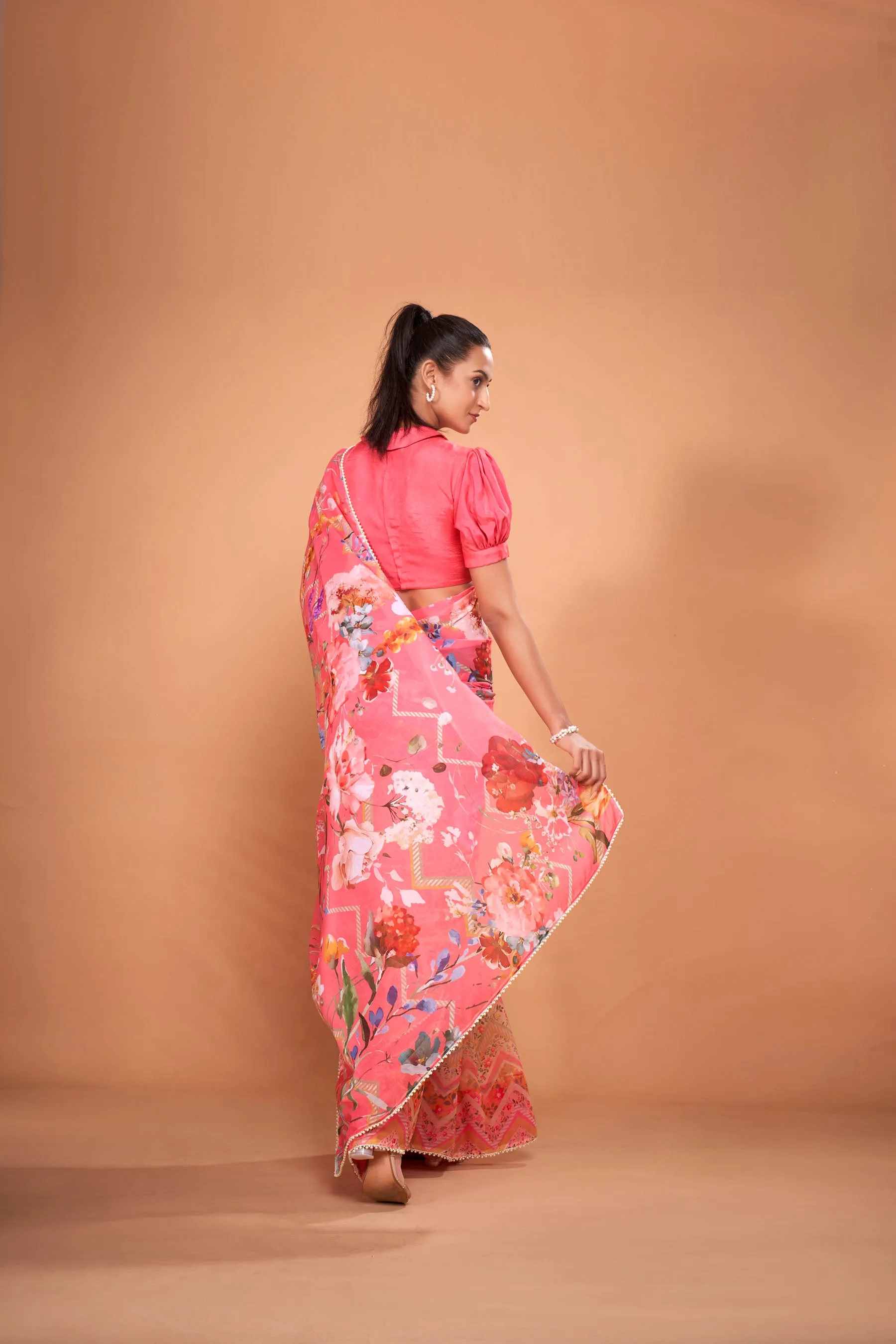 Hot Pink Floral Printed Chiffon Saree With Pearl Lace