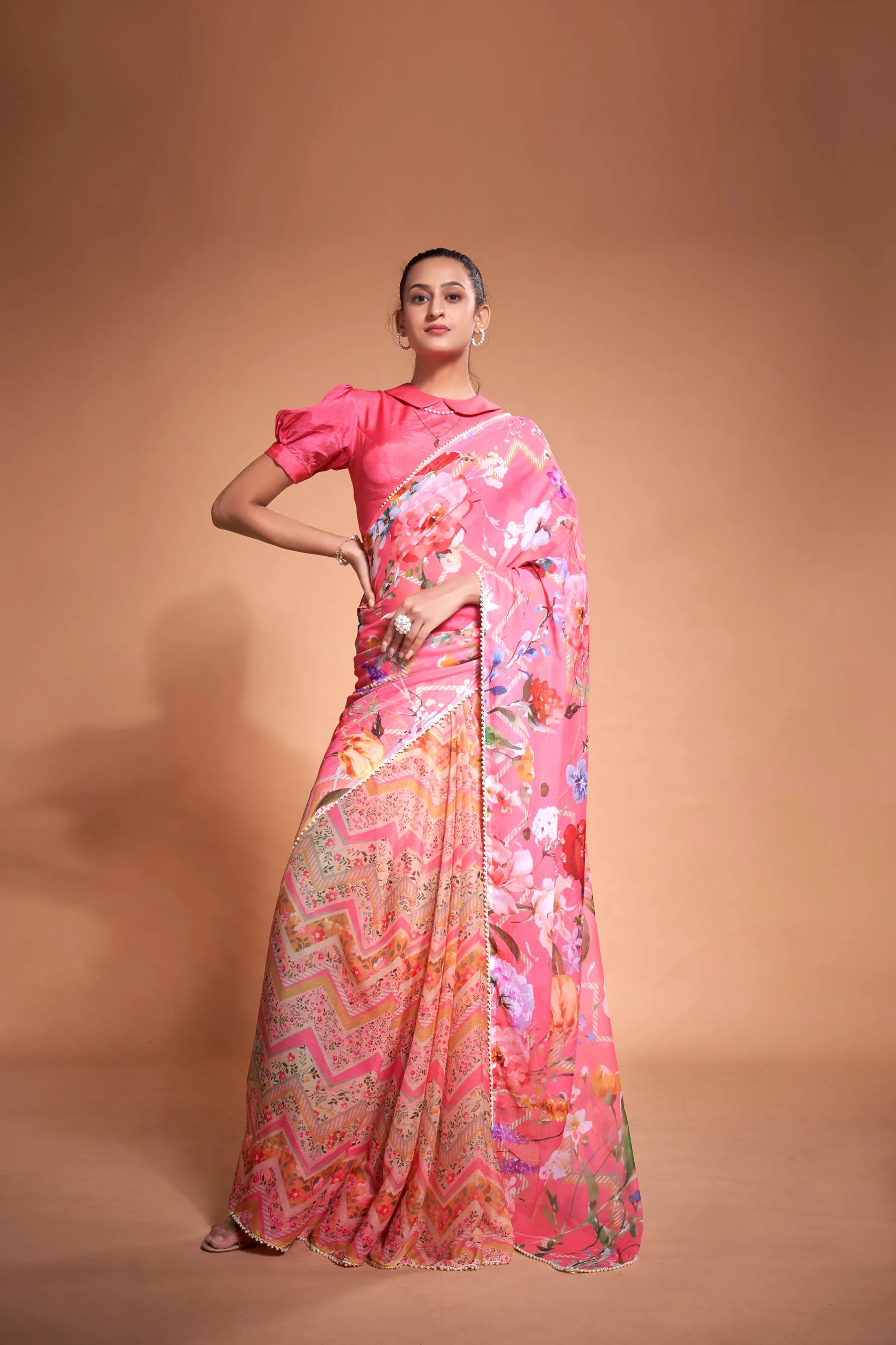 Hot Pink Floral Printed Chiffon Saree With Pearl Lace