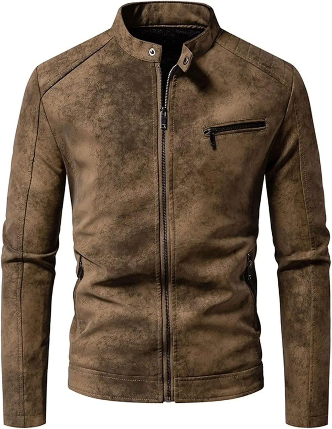 JEKE-DG Men's Full Zip Slim Fit Classic Jean Jacket Stand Collar Distressed Denim Jacket Vintage Warm Outdoor Jackets