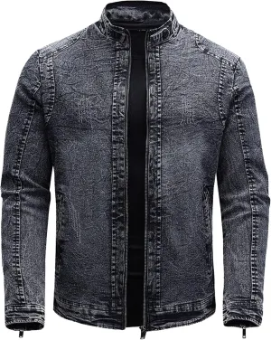 JEKE-DG Men's Full Zip Slim Fit Classic Jean Jacket Stand Collar Distressed Denim Jacket Vintage Warm Outdoor Jackets