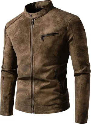 JEKE-DG Men's Full Zip Slim Fit Classic Jean Jacket Stand Collar Distressed Denim Jacket Vintage Warm Outdoor Jackets