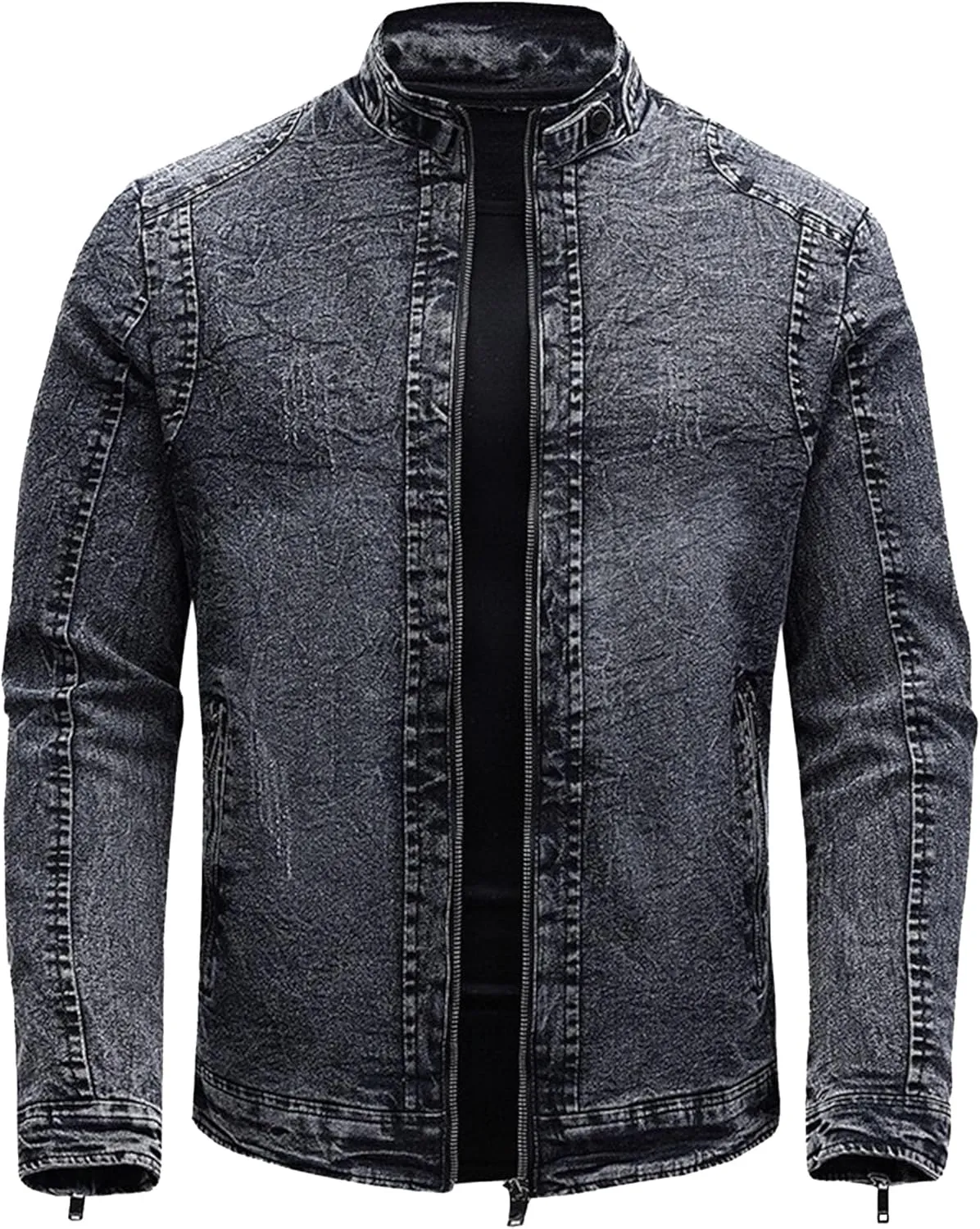 JEKE-DG Men's Full Zip Slim Fit Classic Jean Jacket Stand Collar Distressed Denim Jacket Vintage Warm Outdoor Jackets