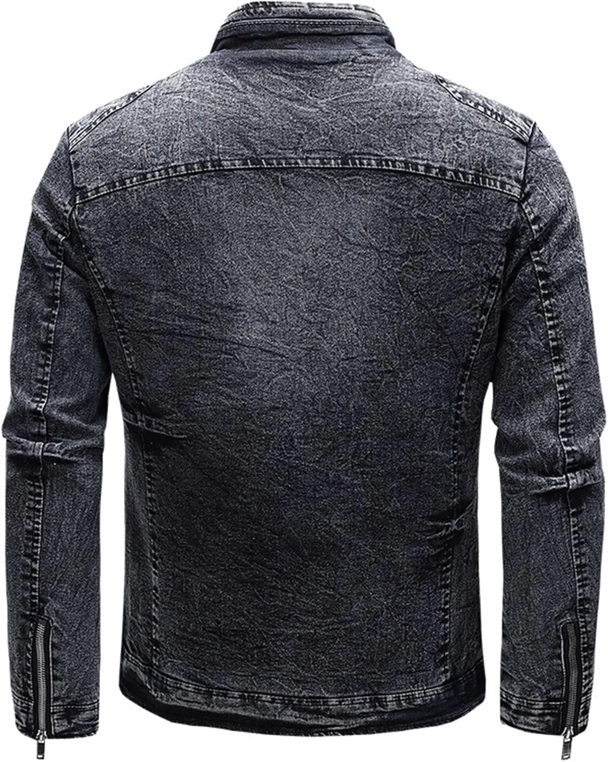 JEKE-DG Men's Full Zip Slim Fit Classic Jean Jacket Stand Collar Distressed Denim Jacket Vintage Warm Outdoor Jackets