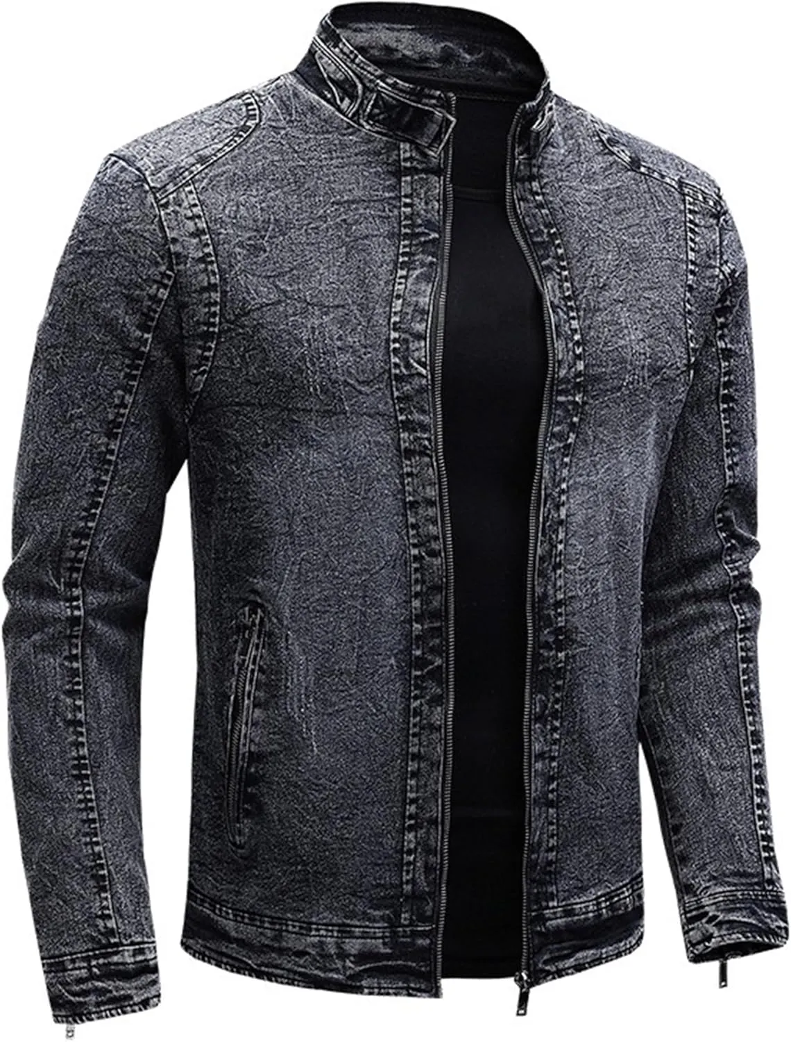 JEKE-DG Men's Full Zip Slim Fit Classic Jean Jacket Stand Collar Distressed Denim Jacket Vintage Warm Outdoor Jackets