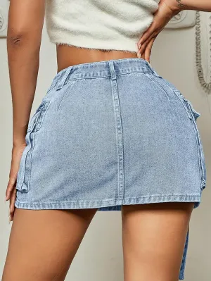 Jumppmile Womens Cargo Denim Skirt Mid Waist Mini Dress Cargo Jean Skirt