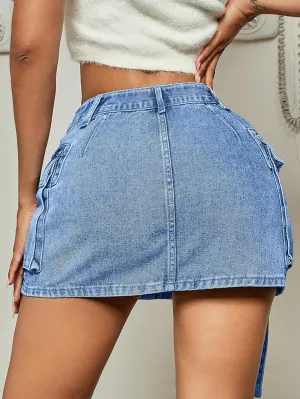 Jumppmile Womens Cargo Denim Skirt Mid Waist Mini Dress Cargo Jean Skirt