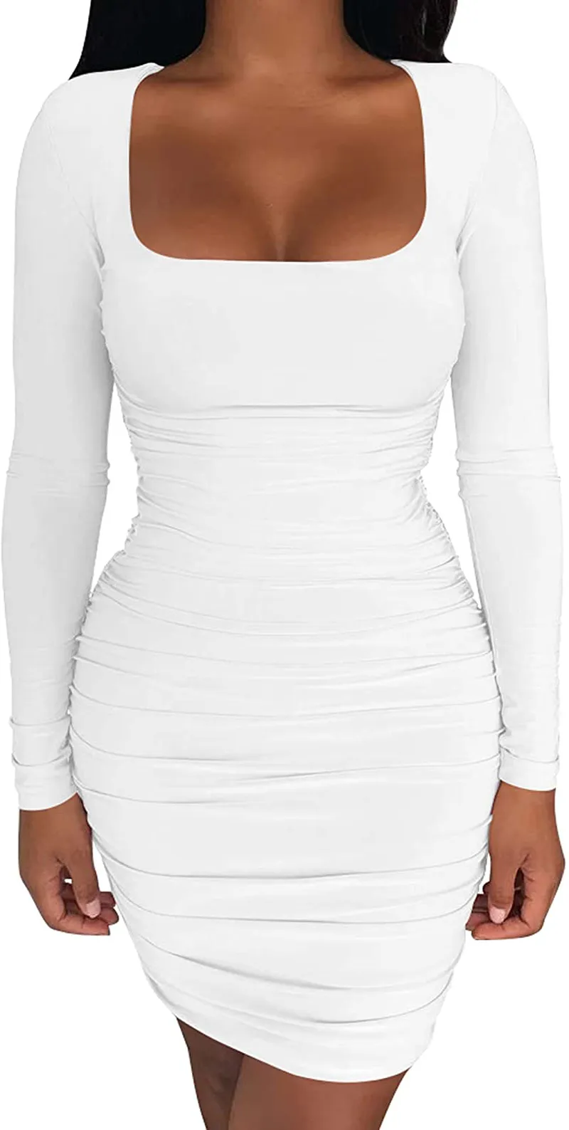 Kaximil Women's Sexy Bodycon Ruched Mini Club Dress Long Sleeve Basic Casual Dresses