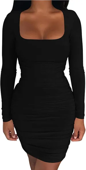 Kaximil Women's Sexy Bodycon Ruched Mini Club Dress Long Sleeve Basic Casual Dresses