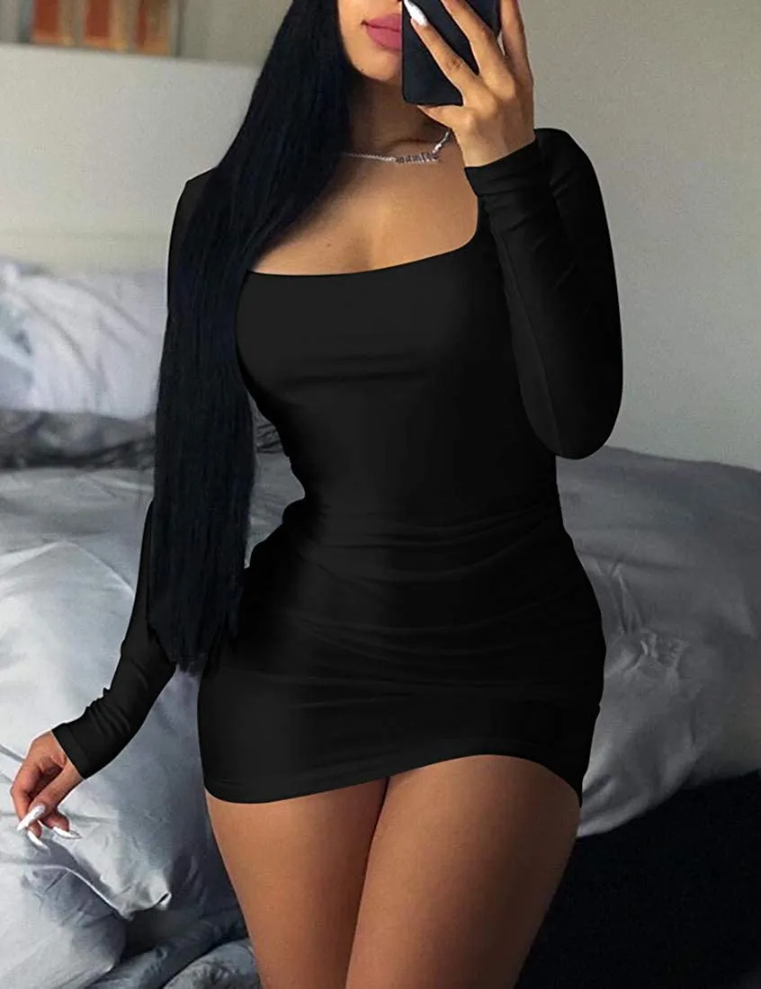 Kaximil Women's Sexy Bodycon Ruched Mini Club Dress Long Sleeve Basic Casual Dresses