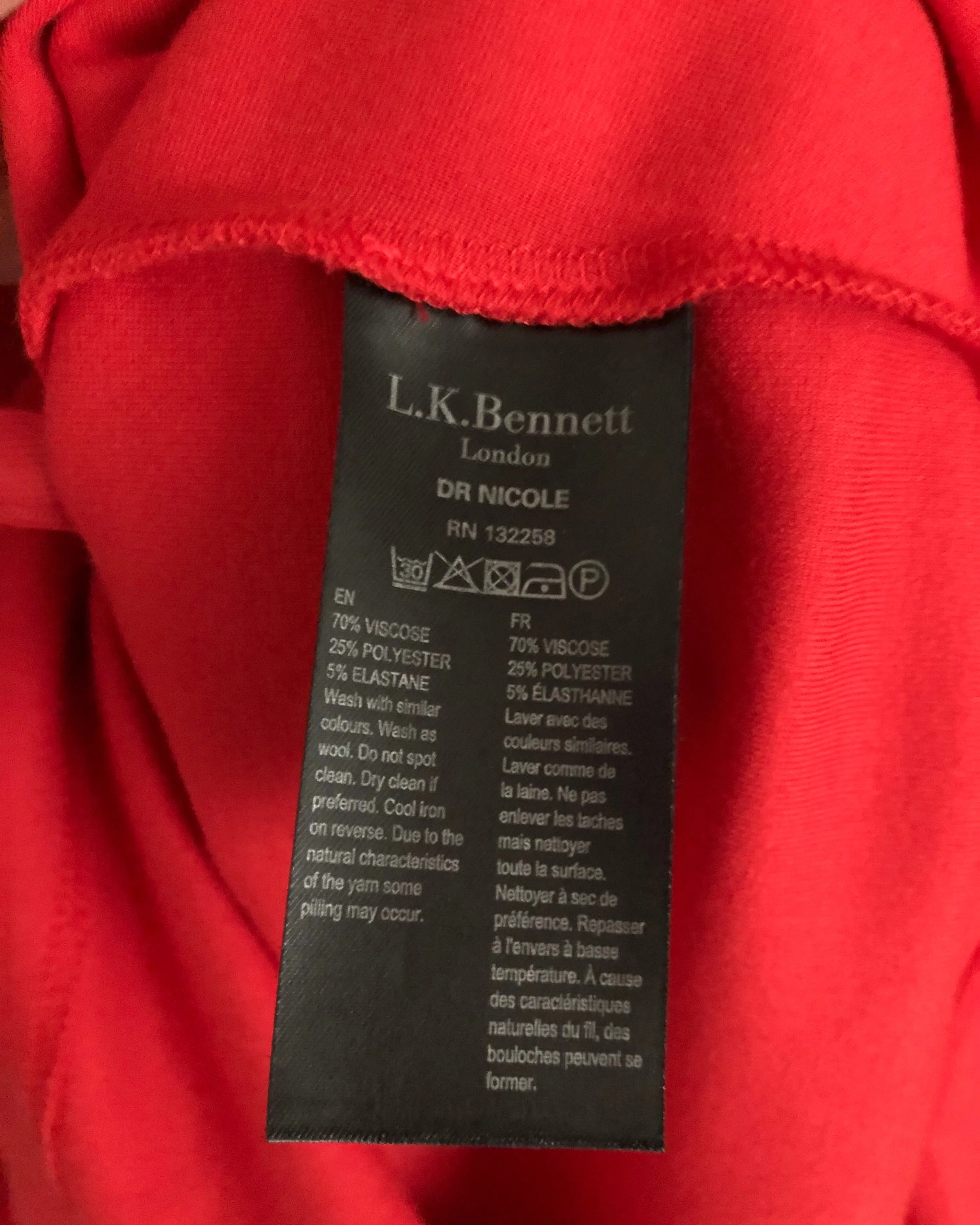 L.K.Bennett Dr Nicole Stretch Viscose 3/4 Sleeve Bodycon Dress Poppy Red UK Size 10-14