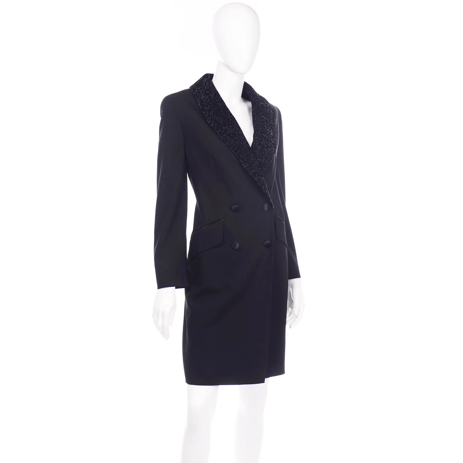Louis Féraud Vintage Black Evening Blazer Coat With Sparkle Lapels