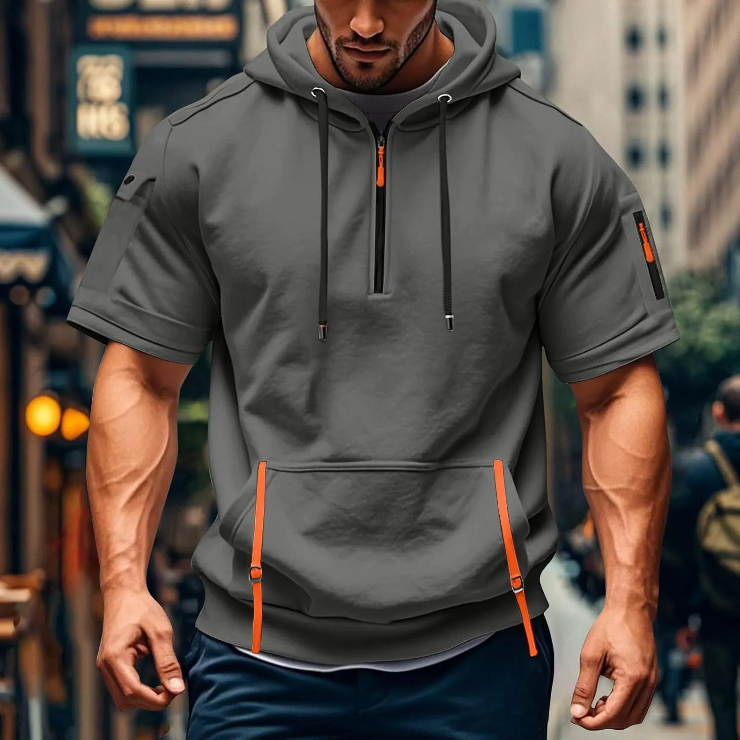 Mens Shirts Hoodies for Men Short Sleeve Quarter Zip Hoodie Lightweight Oversized Hooded Tshirts with Pocket