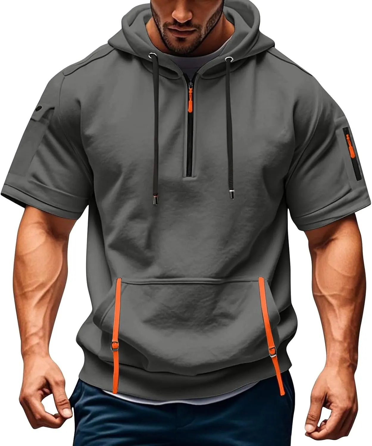 Mens Shirts Hoodies for Men Short Sleeve Quarter Zip Hoodie Lightweight Oversized Hooded Tshirts with Pocket