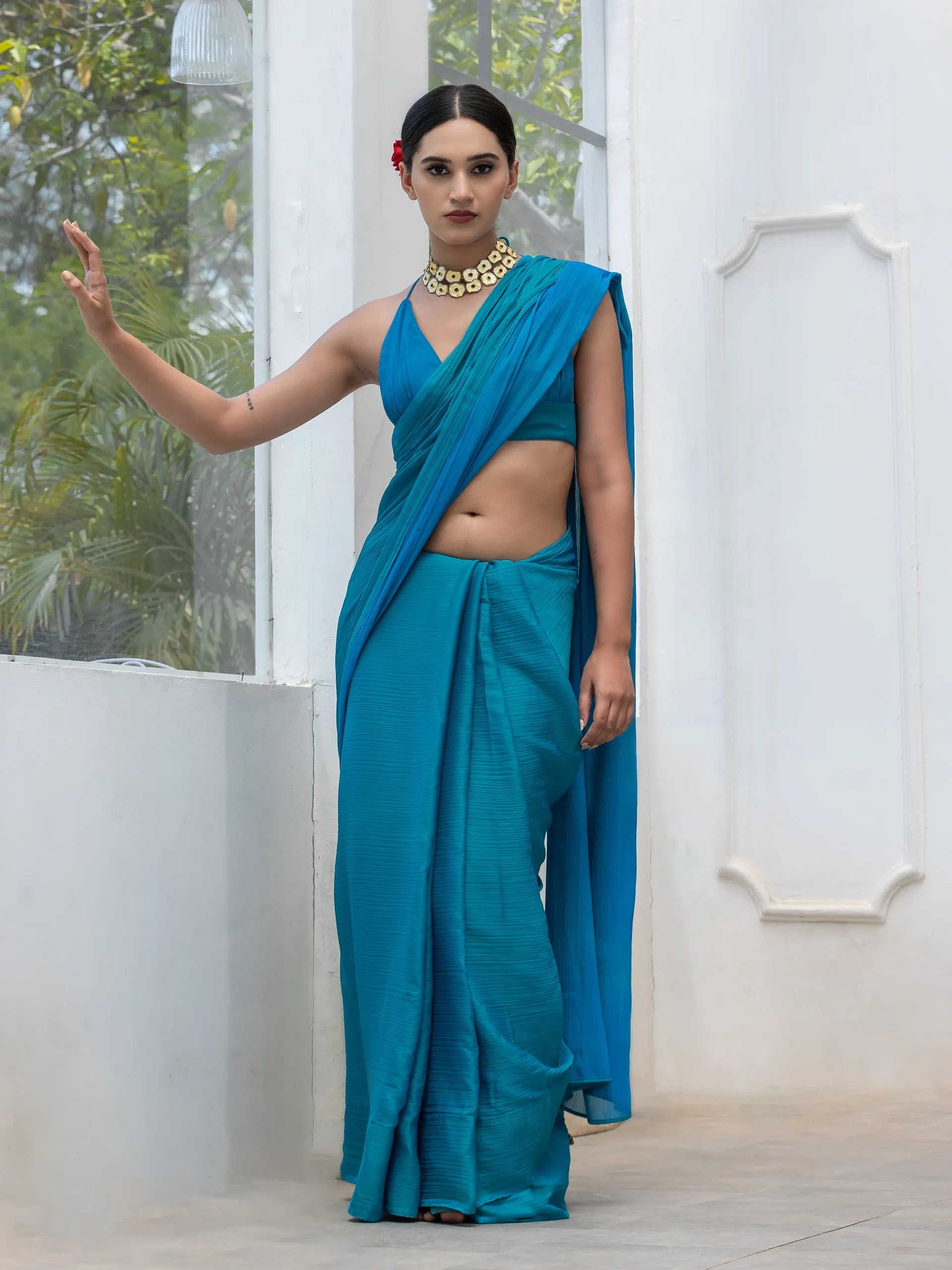 Ocean Blue & Green Dual Shade Chiffon Saree with Blouse Fabric