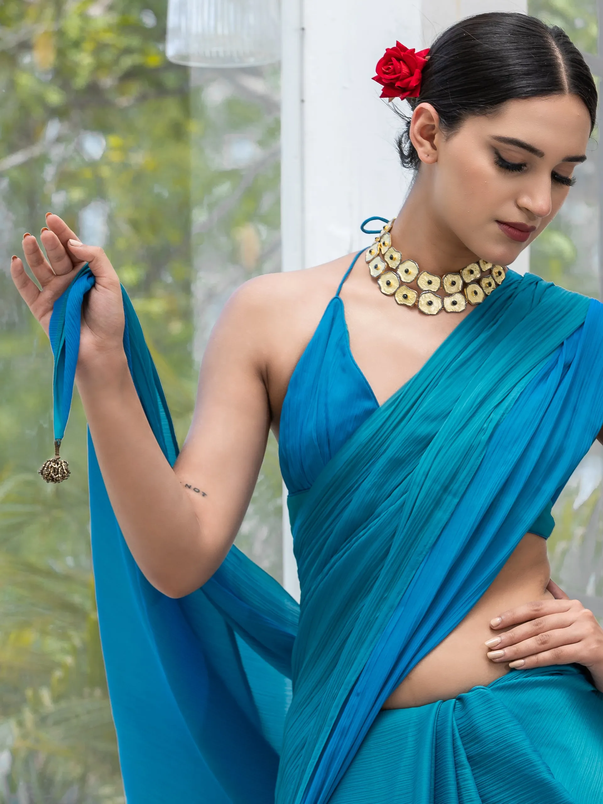 Ocean Blue & Green Dual Shade Chiffon Saree with Blouse Fabric