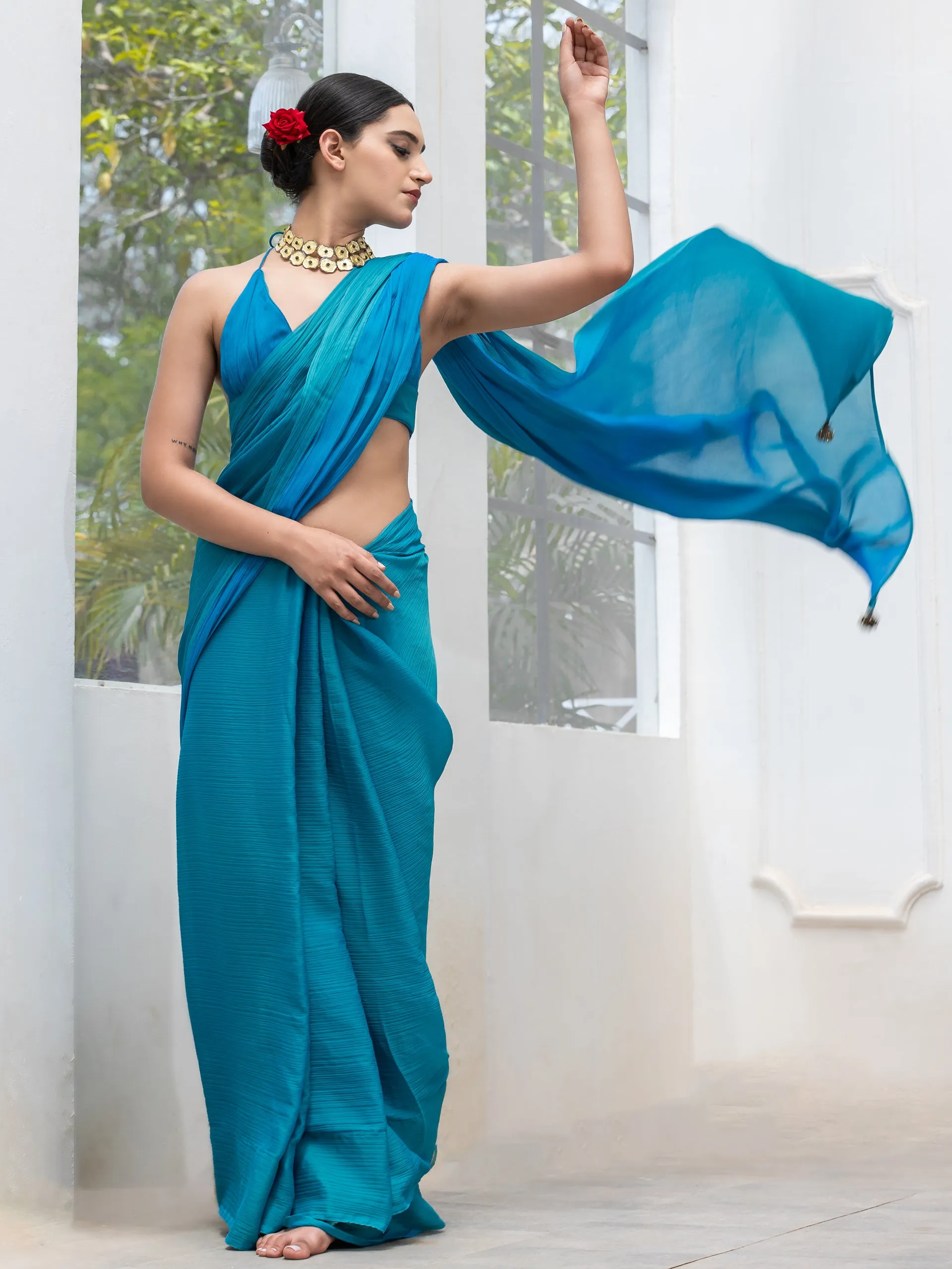 Ocean Blue & Green Dual Shade Chiffon Saree with Blouse Fabric