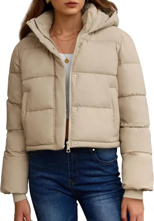 PHISOCKAT Womens Puffer Jacket Cropped Quilted Jacket Long Sleeve Full Zip Coats with Pockets Winter Outerwear with Hood