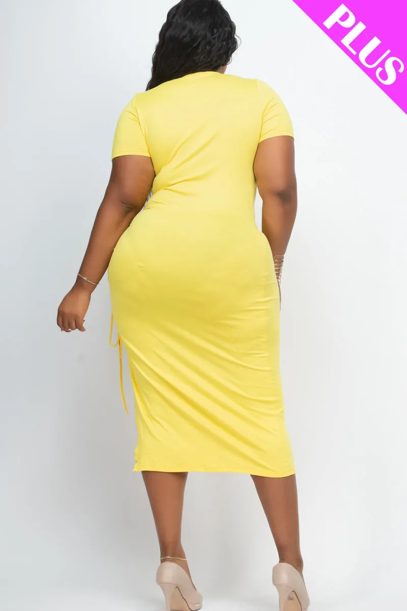 Plus Size Drawstring Ruched Side Split Hem Midi Dress (CAPELLA)