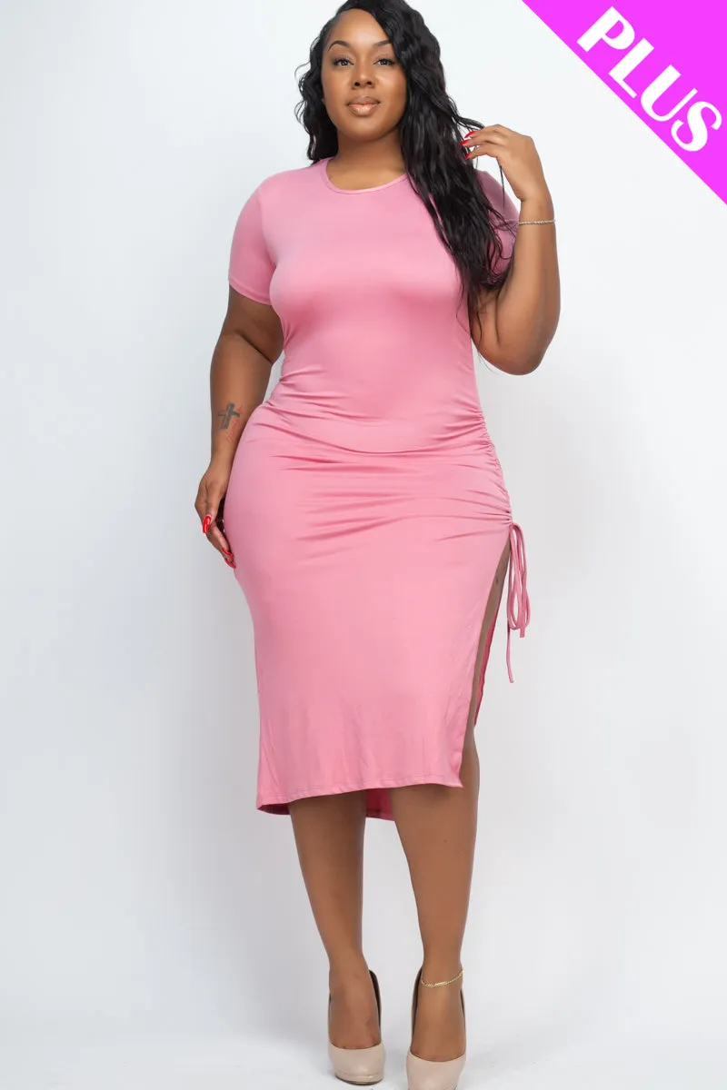 Plus Size Drawstring Ruched Side Split Hem Midi Dress (CAPELLA)