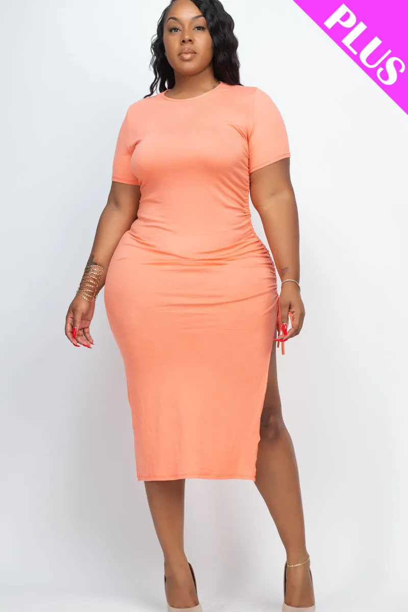 Plus Size Drawstring Ruched Side Split Hem Midi Dress (CAPELLA)