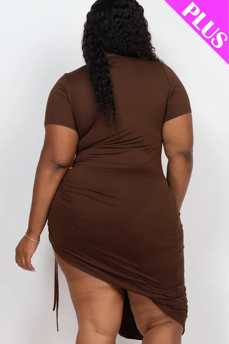 Plus Size Drawstring Ruched Side Split Hem Midi Dress (CAPELLA)
