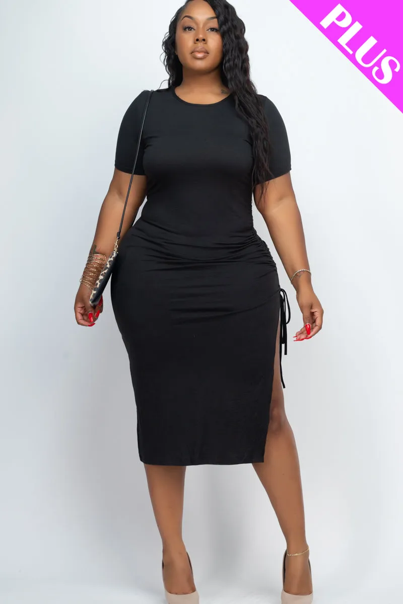 Plus Size Drawstring Ruched Side Split Hem Midi Dress (CAPELLA)