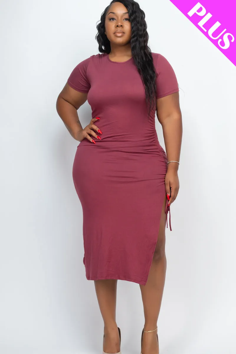 Plus Size Drawstring Ruched Side Split Hem Midi Dress (CAPELLA)